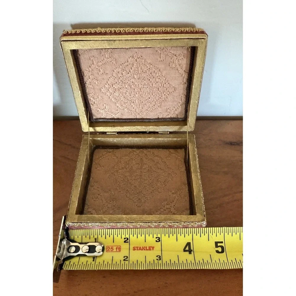 Burgundy Velvet  Embellished Jewelry Box with Gold Floral Accent 4.5x4x2
